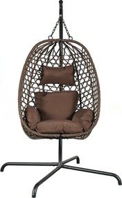 Fotoliu leagan suspendat, cu perne moi, cos pliabil, rezistente la UV, împletitură PE ratan, structură metalică, pentru interior și exterior, Maro