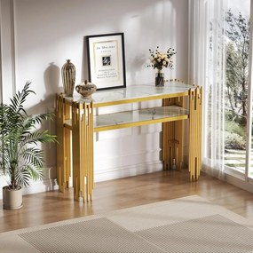 MAU42 - Masa Consola, 120 cm, masuta hol cu raft, living, dormitor - Auriu - Alb / Negru Imitatie de Marmura