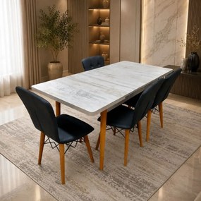 Set masa extensibila cu 4 scaune tapitate Homs cristal alb-negru 110 x 70 cm