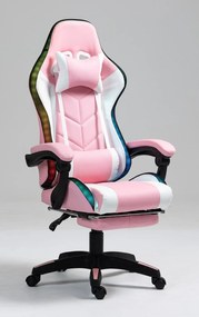 RESIGILAT- ALFORD Scaun gaming cu Masaj in 5 puncte, Perna lombara cu Masaj, Sistem iluminare banda LED RGB, Boxe Bluetooth, suport picioare, PU, Roz