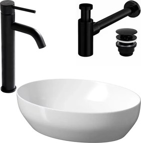 Pachet lavoar pe blat Cersanit Larga alb 50 cm, baterie lavoar Rea Lungo negru si ventil lavoar Click-Clack negru