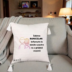 Cadou pentru Bunici - Perna Personalizata Iubirea Bunicilor Infloreste Cuplu Line Art Gradient, 40x40 cm, Bej cu Franjuri, Husa Detasabila, Perna Inclusa, BEKZ®
