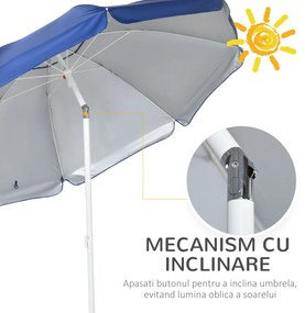Outsunny Umbrelă de Plajă cu Acoperiș Înclinabil la 45°, Ferestre și 2 Buzunare, Ø191x211 cm, Albastru | Aosom Romania