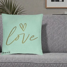 Perna Decorativa Love Caligrafie Aurie, 40x40 cm, Verde Menta, Husa Detasabila, Perna Inclusa, BEKZ®