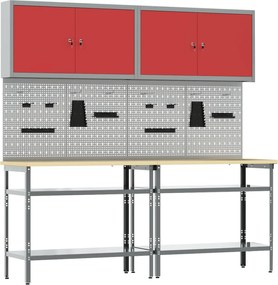 vidaXL Set banc de lucru 8 pcs Roșu și gri Oțel vopsit electrostatic