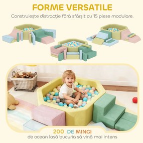 AIYAPLAY Set 15 Blocuri de Construcții Moi Modulabile pentru Copii cu 200 de Mingi pentru Uz Intern, Multicolor | Aosom Romania