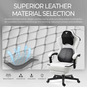 ErgoRelax Pro JD– Scaun Gaming Ergonomic, Masaj Lombar si Incalzire, Spătar Rabatabil 155°, Suport picioare, PU, Alb