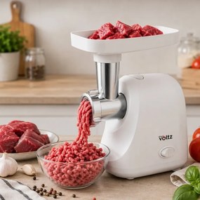 Masina de tocat carne Oliver Voltz OV51991G, 800 W, Functie de inversare, Accesoriu pentru roșii, Accesorii de 5 și 7 mm, Otel inoxidabil, Alb