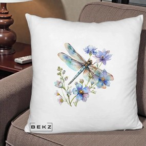 Perna Decorativa Libelula Acuarela Flori Albastre, 40x40 cm, Alb Pufos, Husa Detasabila, Perna Inclusa, BEKZ®