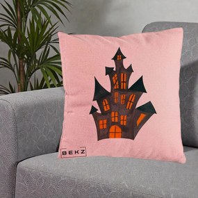 Perna Decorativa Halloween Casa Bantuita Minimalista, 40x40 cm, Roz, Husa Detasabila, Perna Inclusa, BEKZ®