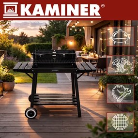 Grătar de grădină cu cărbune, scuipat, grătar superior și rafturi