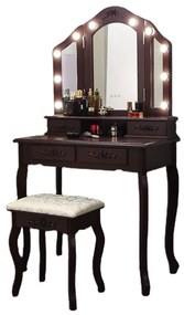 Set Anastasia, masă de toaletă cu 3 oglinzi iluminate LED, control touch, 4 sertare, scaun, Maro