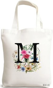 Sacosa de Panza pentru Cumparaturi, Geanta Tote, Cu litera M in Coronita Florala, 38x34.5 cm, Alba, BEKZ®
