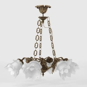 Candelabru 6 brate din alama cu abajur din sticla Putti