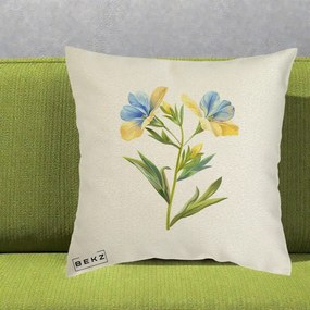 Perna Decorativa Botanica Frezie Galbena si Albastra, 40x40 cm, Ecru, Husa Detasabila, Perna Inclusa, BEKZ®