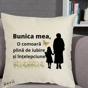 Cadou pentru Bunica - Perna Personalizata Bunica Mea Comoara Iubire Intelepciune Varianta Extinsa, 40x40 cm, Ecru, Husa Detasabila, Perna Inclusa, BEKZ®