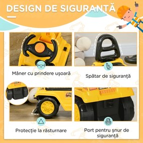 HOMCOM Excavator pentru copii cu cupă și spațiu de depozitare, claxon, volan, 18-48 luni, galben | Aosom Romania
