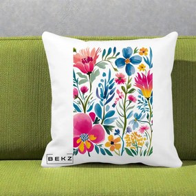 Perna Decorativa Gradina Florala Acuarela Colorata, 40x40 cm, Alba Mata, Husa Detasabila, Perna Inclusa, BEKZ®