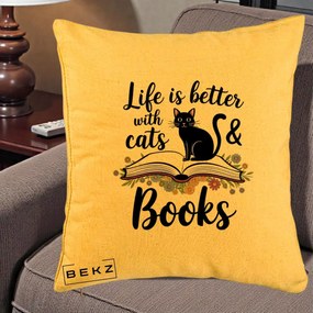 Perna Personalizata Life is Better Cats and Books, 40x40 cm, Galben, Husa Detasabila, Perna Inclusa, BEKZ®