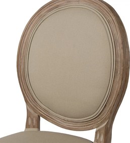 Scaun dining tapițat shabby chic din lemn masiv și stofă, bej, cu spătar oval și picioare strunjite canelate, 96 x 48 x 46 cm, „Amandine”