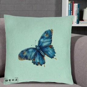 Perna Decorativa Fluture Albastru Satin cu Pete Aurii, 40x40 cm, Verde Menta, Husa Detasabila, Perna Inclusa, BEKZ®