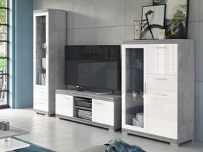 Mazzoni Mobilier perete SIMPLE Beton Millennium/Alb Luciu - COMODĂ TV VITRINĂ COMODĂ PENTRU LIVING