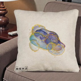 Perna Decorativa Abstract Acuarela Albastru-Mov cu Cercuri Aurii, 40x40 cm, Bej Canapea, Husa Detasabila, Perna Inclusa, BEKZ®