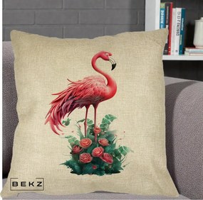 Perna Decorativa Flamingo cu Trandafiri Tropicali, 40x40 cm, Crem, Husa Detasabila, Perna Inclusa, BEKZ®