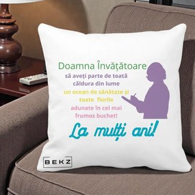 Cadou pentru Invatatoare - Perna Personalizata Doamna Invatatore La Multi Ani cu Silueta si Text Colorat, 40x40 cm, Alba Mata, Husa Detasabila, Perna Inclusa, BEKZ®