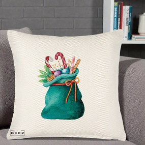 Perna Decorativa Saculet Cadouri Mos Craciun Acuarela Verde, 40x40 cm, Crem Reliefat, Husa Detasabila, Perna Inclusa, BEKZ®