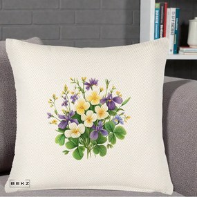Perna Decorativa Viorele Iris Violet si Trifoi, 40x40 cm, Crem Reliefat, Husa Detasabila, Perna Inclusa, BEKZ®