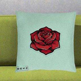 Perna Decorativa Trandafir Rosu Tattoo, 40x40 cm, Verde Menta, Husa Detasabila, Perna Inclusa, BEKZ®
