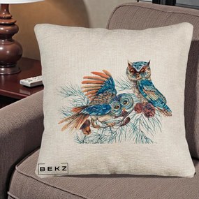 Perna Decorativa Bufnite de Iarna Albastre, 40x40 cm, Bej Canapea, Husa Detasabila, Perna Inclusa, BEKZ®