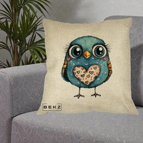 Perna Decorativa Bufnita Albastra cu Inimioare, 40x40 cm, Crem, Husa Detasabila, Perna Inclusa, BEKZ®