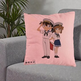 Perna Personalizata Detective Conan Conan si Ai Sailor, 40x40 cm, Roz, Husa Detasabila, Perna Inclusa, BEKZ®