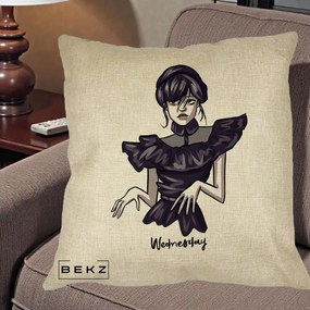 Perna Personalizata Wednesday Addams Dans Gotic, 40x40 cm, Crem, Husa Detasabila, Perna Inclusa, BEKZ®