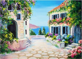 Tablou pe sticlă - Alee grecească, pictură în ulei (70x50 cm)