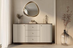 Comodă Vesper 160 cm cu sertare și mânere aurii - culoare cașmir / nuc
