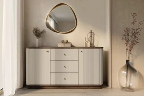Comodă Vesper 160 cm cu sertare și mânere aurii - culoare cașmir / nuc