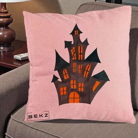 Perna Decorativa Halloween Casa Bantuita Minimalista, 40x40 cm, Roz, Husa Detasabila, Perna Inclusa, BEKZ®
