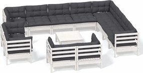 vidaXL Set mobilier grădină cu perne, 13 piese, alb, lemn masiv pin