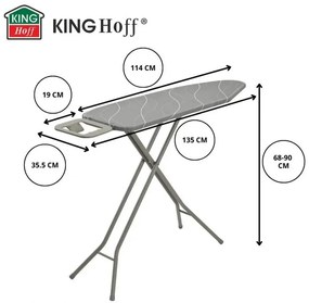 Masă de călcat Kinghoff KH 1939, 114x35.5 cm, 7 poziții de reglare, Suport pentru fier de călcat, Gri