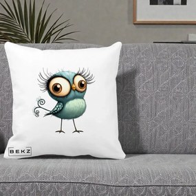 Perna Decorativa Pasare Teal cu Gene si Coada Spiralata, 40x40 cm, Alba Mata, Husa Detasabila, Perna Inclusa, BEKZ®