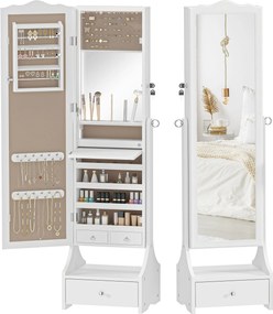 HOMCOM Oglindă pentru bijuterii cu iluminare LED Dulap bijuterii cu oglindă reglabilă pe 4 unghiuri Sertare Etajeră interioară pliabilă Alb | Aosom Romania