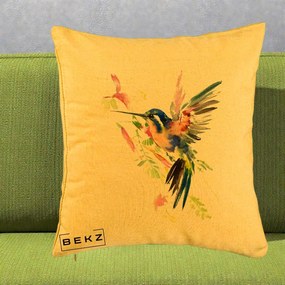Perna Decorativa Colibri Acuarela, 40x40 cm, Galben, Husa Detasabila, Perna Inclusa, BEKZ®