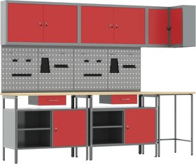 vidaXL Set de dulapuri de lucru cu sertar cu raft 10 pcs Roșu și gri
