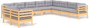vidaXL Set mobilier grădină cu perne, 10 piese, gri, lemn masiv pin