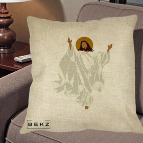 Perna Decorativa Iisus Hristos Invierea Silueta Minimalista, 40x40 cm, Crem, Husa Detasabila, Perna Inclusa, BEKZ®