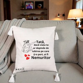 Cadou pentru Tata - Perna Personalizata Tata Nemuritor Supererou cu Masca, 40x40 cm, Bej cu Franjuri, Husa Detasabila, Perna Inclusa, BEKZ®