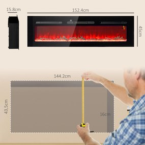 HOMCOM Șemineu Electric Încorporabil cu Telecomandă, Flacără Reglabilă, Temporizator și Termostat, 152,4x15,8x45 cm, Negru | Aosom Romania